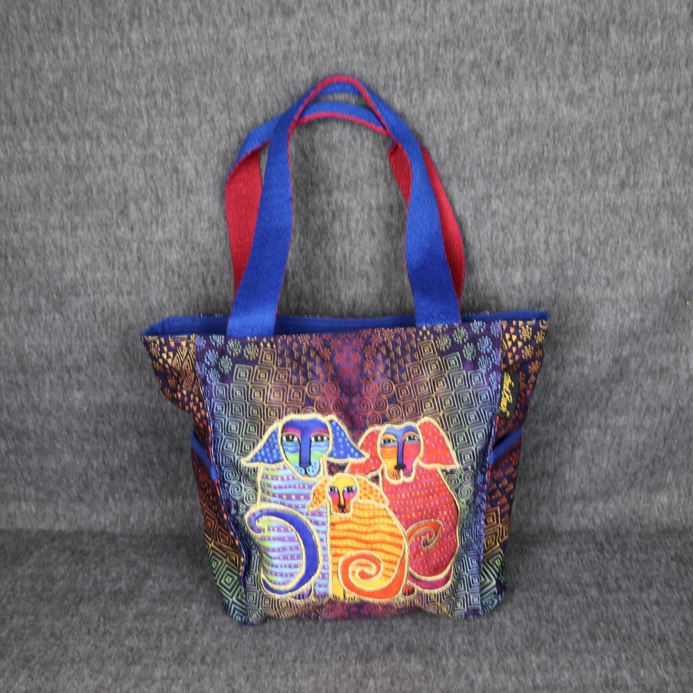 Laurel Burch Tote Bag Womens Medium Multicolor Canvas Dog Print Zip Lined Art